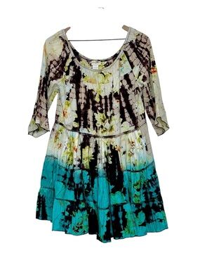 Natural Life Small Tie Dye Floral Babydoll Swing Dress Boho Peasant Tiered